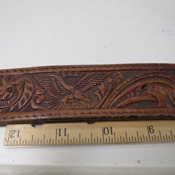 VTG Brown Eagle Leather Belt metal tips tooled size 36 & 1 1/2" wide - Picture 11 of 15